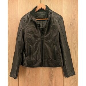 Tahari Black Genuine Lamb Leather Motorcycle Jacket Zip Front Collar Size Medium